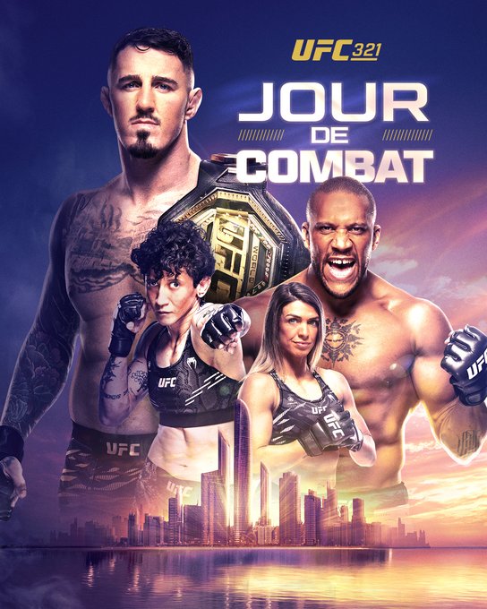Vibrant UFC 321 promotional poster in purple and gold tones featuring French fighter Ciryl Gane on the left side with tattoos visible holding a UFC championship belt wearing black UFC shorts and gloves standing confidently. On the right side another fighter with curly hair and muscular build in black UFC gear raising fists aggressively. Text overlay reads UFC 321 JOUR DE COMBAT in bold letters. Background shows a sunset city skyline with buildings and water reflection enhancing the event atmosphere.