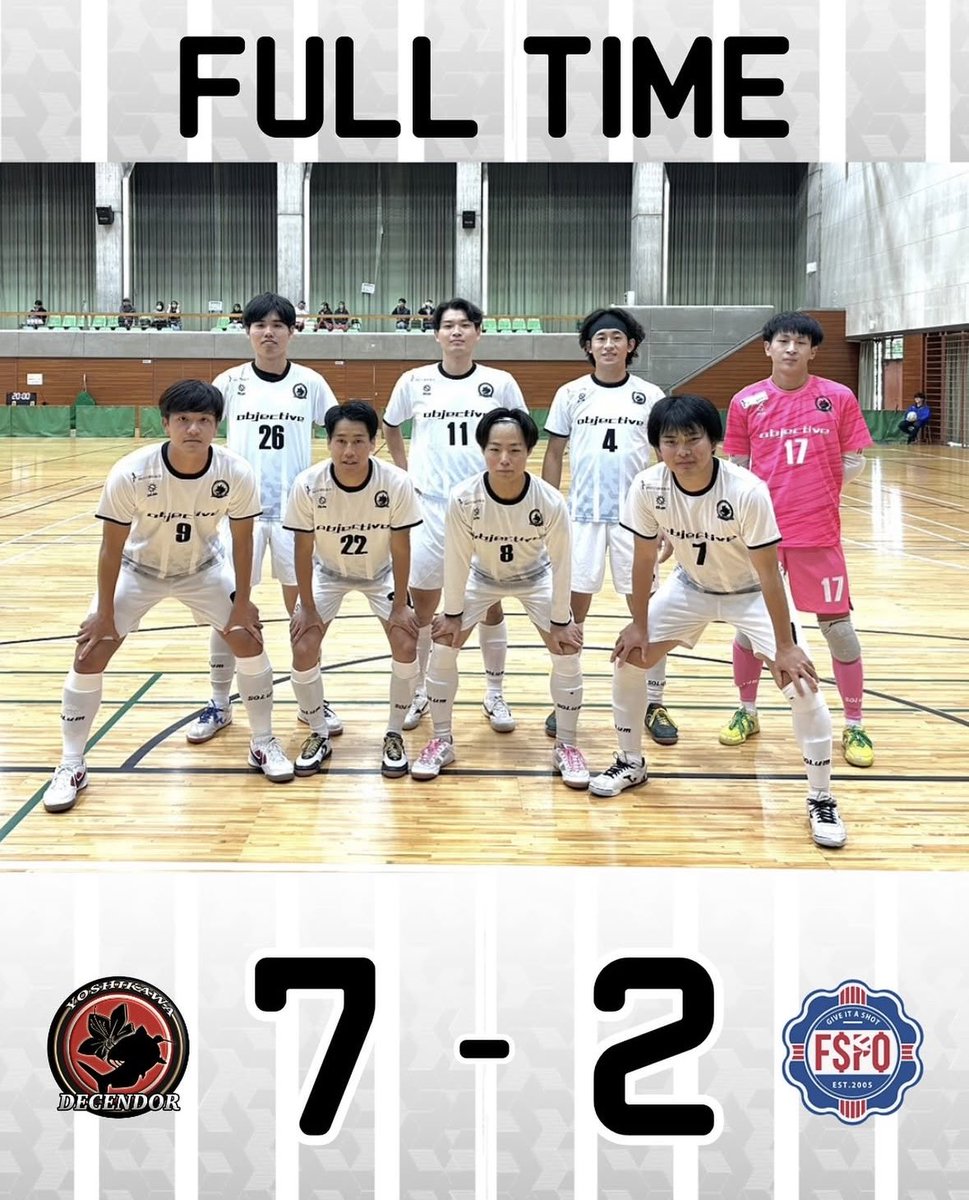 ⚫️全日本フットサル選手権 埼玉県大会 準々決勝🔴
📅10月25日（土）
⏱11:50KO
🆚エフスポ川越
🏟庄和体育館

試合終了
7-2

試合の入りよく得点を重ねるも前半のうちに2失点
後半は守備で相手よりも走り無失点に抑えて勝利
沢山の応援ありがとうございました📣