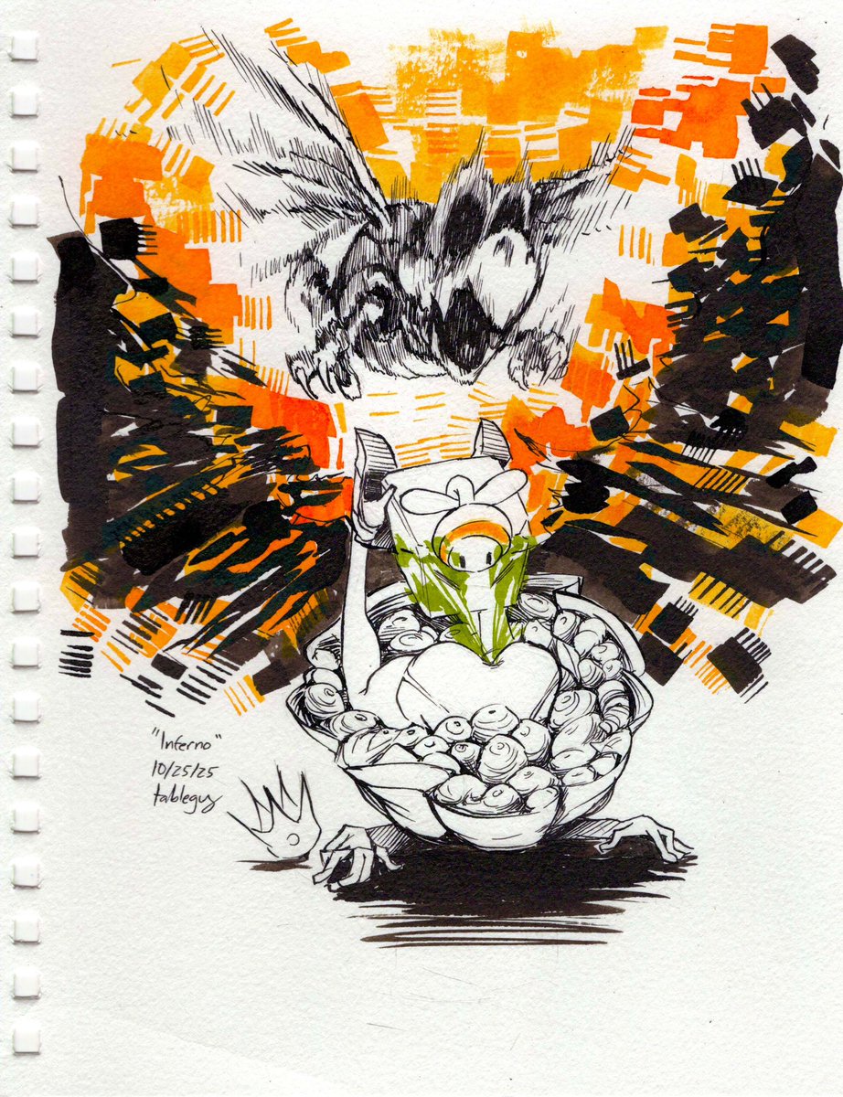 tableguyart's tweet image. #inktober2025day25 Inferno - i found new love. I used a chisel tip brush. It was euphoric. It paints like a chisel tip marker. It’s like they made a brush that emulates a marker. ITS FUCKING AMAZING!!!
i’ll come back for you chisel tip. We have a lot of inking to do #inktober