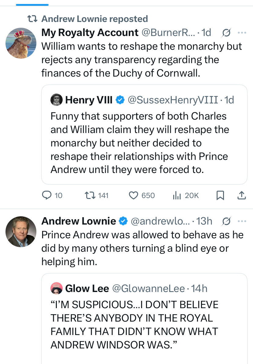 Sarah Delore (@sarah_delore) on Twitter photo This is Andrew Lownie reposting 2 Squaddies in a row.
He hates William & The Monarchy. 
Please stop blindly supporting this anti-Monarchist - he is just another lying hack trying to sell his shitty books. This is Andrew Lownie reposting 2 Squaddies in a row.
He hates William & The Monarchy. 
Please stop blindly supporting this anti-Monarchist - he is just another lying hack trying to sell his shitty books.