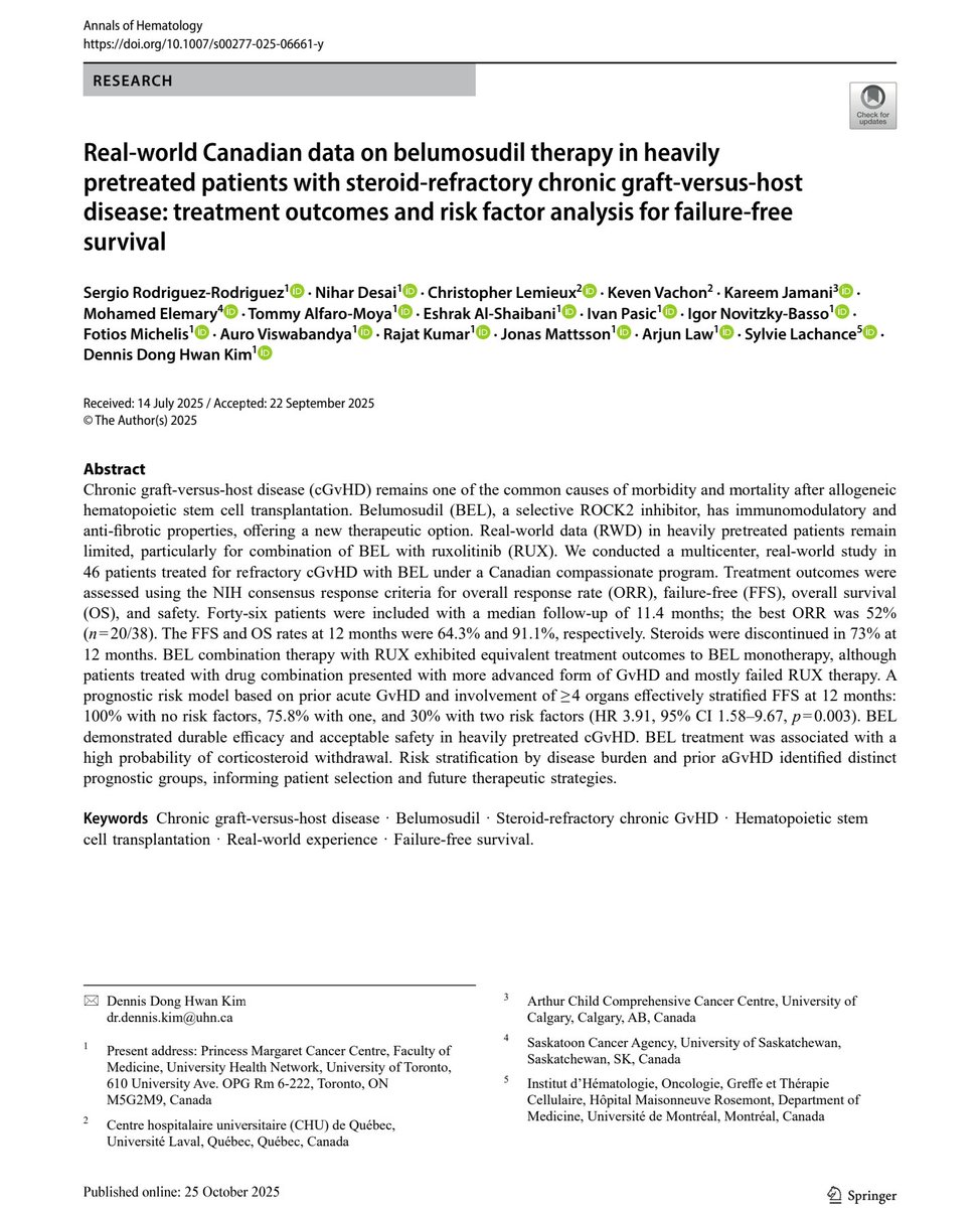 🎉 Happy to share our recent publication!

🇨🇦 multicentre study reporting outcomes of patients treated with Belumosudil for refractory cGvHD.

We could discontinue steroids in 73% of patients by 12 months!

Led by <a href="/SergioRdzRdz/">Sergio Rodríguez-Rodriguez, MD, MSc. 🇲🇽</a> 🙌🏽

doi.org/10.1007/s00277…