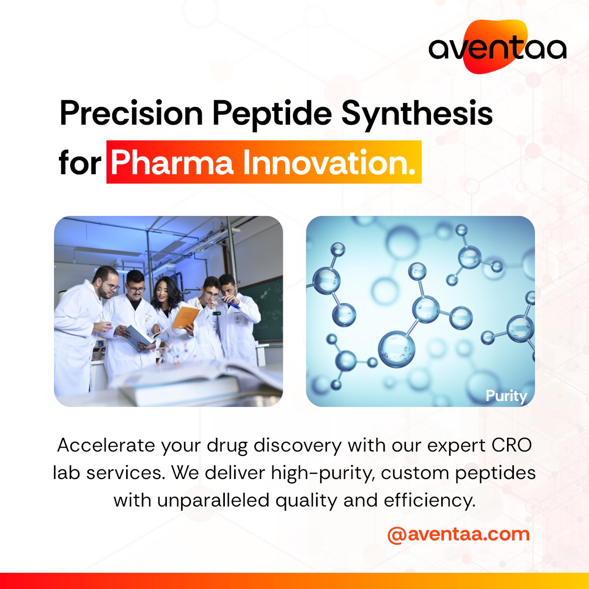 AventaaResearch's tweet image. 🔬 Precision in every peptide.

Accelerate your pharma innovation with Aventaa’s expert CRO lab services — delivering high-purity, custom peptides for breakthrough drug discovery.

#PharmaInnovation #PeptideSynthesis #DrugDiscovery #CROServices #Aventaa