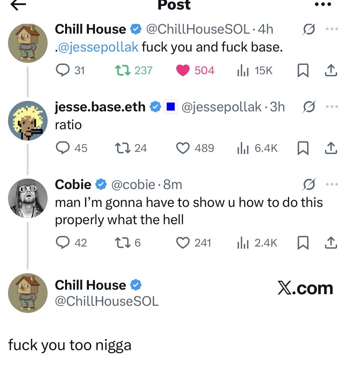 针对 Jesse Pollak 和 Base 的 Chill House 推文线程截图