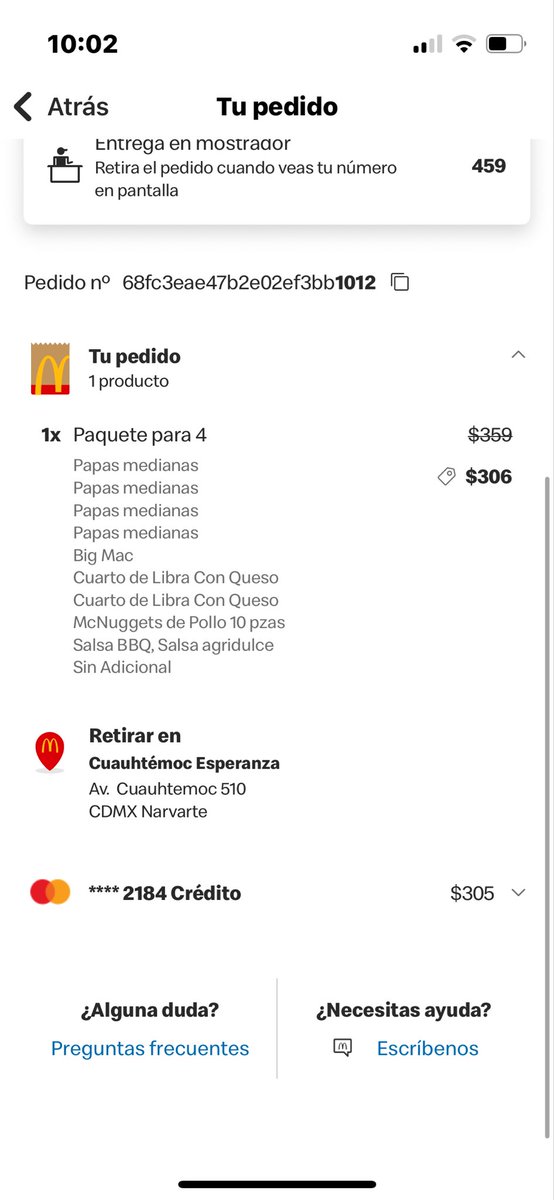 Donouan's tweet photo. @McDonaldsMexico nunca me habían fallado en un pedido directo de la app, y esta vez no me entregaron una Big Mac, pedí un paquete para 4 personas y aquí está lo que me dieron, además de que fue de jetas la entrega en el mostrador, tuve que pedir los condimentos de los nuggets https://t.co/jGVO535wTj
