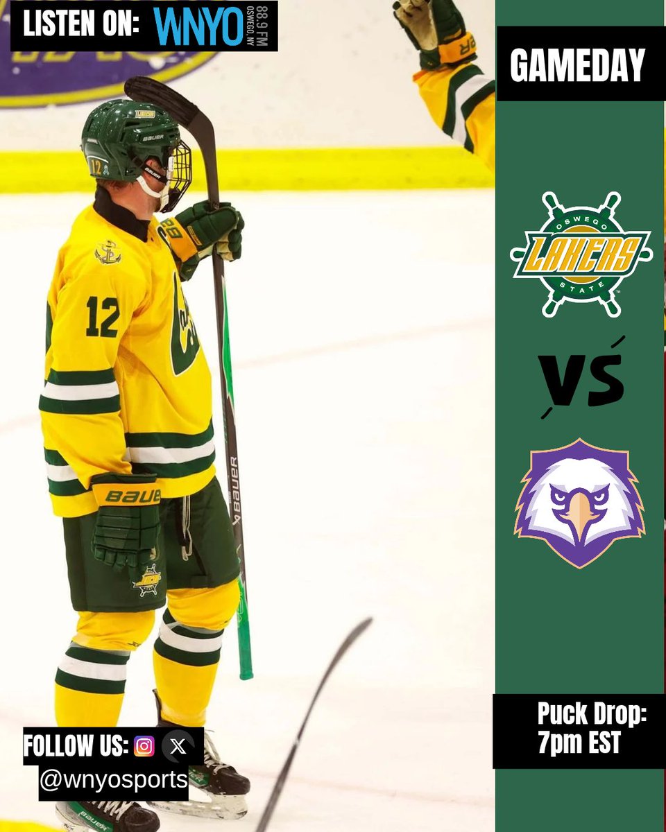 🚨 GAMEDAY🚨: Oswego men's hockey VS Nazareth University 
.
.
.
⏰: @ 7:00PM EST 
.
.
.
📌: The Deb 
.
.
.
📻: WNYO stream 1 
.
.
.
.
.
.
.
.
.
.
.
.
.
.
.
.
.
.
.
.
#gameday #sports #college #collegesports #oswego #oswegohockey  #sunyoswego #lakers #golakers #889wnyo