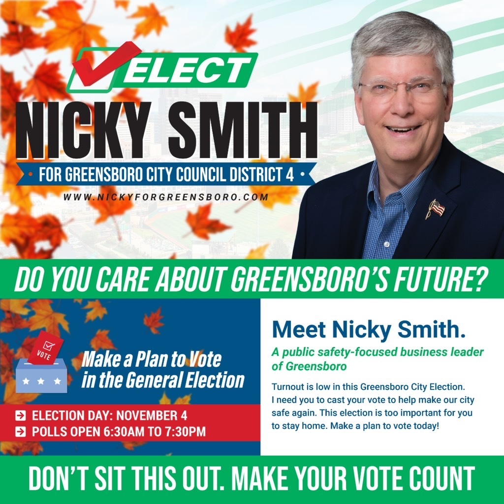 NickySmithGSO's tweet photo. What a crisp fall Saturday in Greensboro! 🍂 Take a few minutes to do something that matters—vote early!

✅ Bring back roadside leaf collection
✅ Restore city services
✅ Elect business-savvy leadership

Find your polling place → https://t.co/v98QTOW7JT 🇺🇸 https://t.co/WLJTjEI2pd