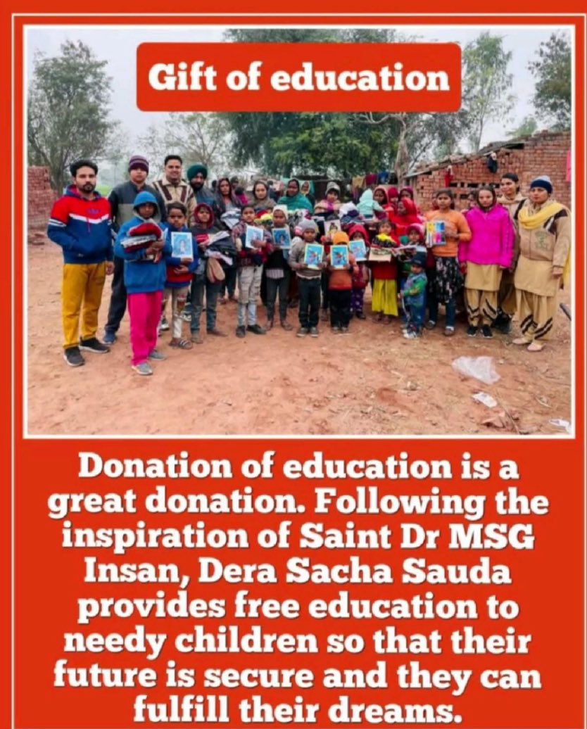 InsanNeeru23's tweet photo. ￼
The "gift of education" initiative by Saint Dr. MSG involves Dera Sacha Sauda volunteers providing underprivileged children with educational support, including free schooling, books, stationery, and career counseling. #Giftofeducation https://t.co/nQLFDFcdHH