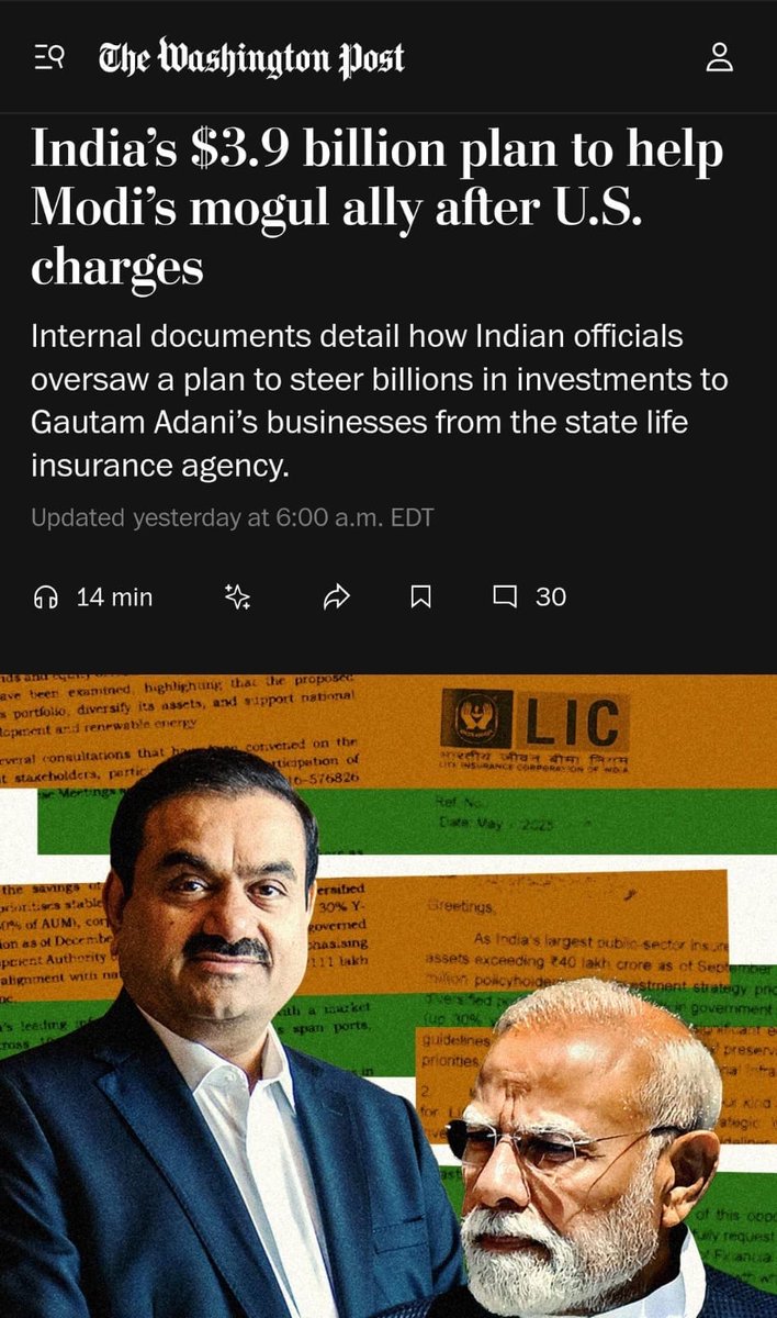 - नरेंद्र मोदी अपने ‘परम मित्र’ अडानी के लिए कुछ भी कर सकते हैं! वो देशवासियों की गाढ़ी कमाई को भी दांव पर लगा सकते हैं!

- ये सच #वॉशिंगटन_पोस्ट की खबर में है! जब अमेरिका में #अडानी पर घूसखोरी के मामले में केस हुआ, तो दुनियाभर के बैंकों ने कर्ज देने से मना कर दिया!

- तब मोदी
