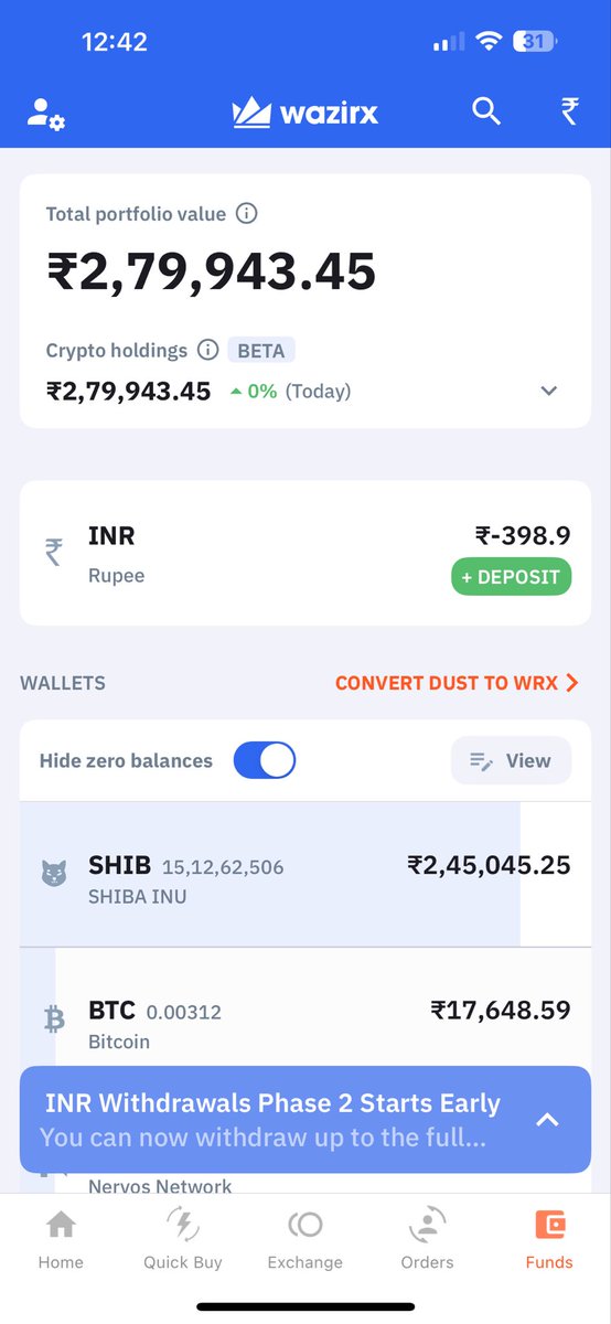 RaghhavSammrat's tweet photo. Disappointed with WazirX's rebalancing! π My SHIB INU dropped from 1,512,625,506 to 989,431,159.2, BTC from 0.00312 to 0.00168664, and CKB from 16,130 to 14,588.67928249. Why such heavy cuts? Transparency needed, @wazirxcares! #WazirX #CryptoRebalancing https://t.co/KIGsOZf6Gj