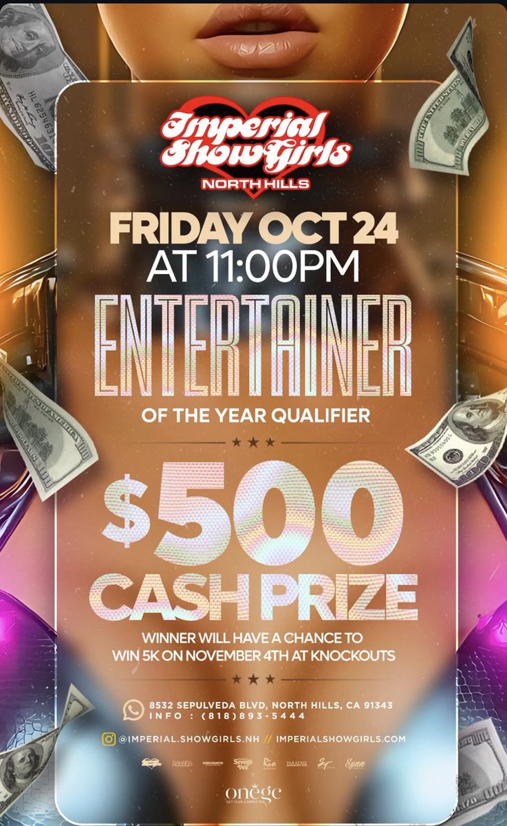 TONIGHT COME ENJOY THE SHOW !!

#GentlemensClub #PorterRanch #GranadaHill #MissionHills #PanoramaCity #VanNuys #Northridge #Burbank #Calabasas #Glendale #SantaClarita  #ImperialShowgirls #Afterhours #Fullynude #EntertainerOfTheYear