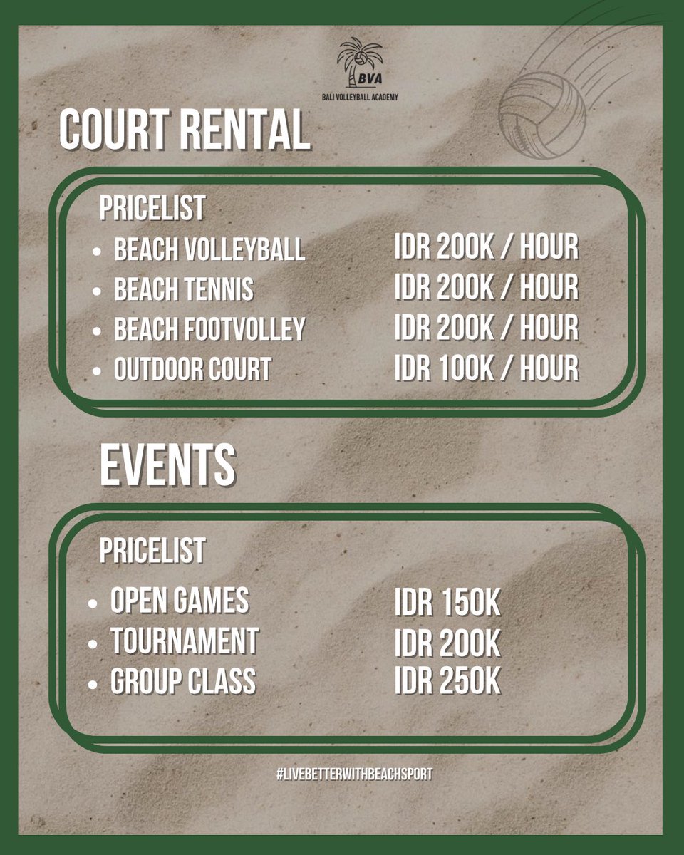 Balivolleyball's tweet photo. 📣 New Session Rates Start November 1st!
Get ready for a whole new season of beach sports at Bali Volleyball Academy!
🏐 From court rentals to private lessons find the perfect way to train, play, and have fun under the Bali sun 

• Court Rental & Events
Beach Volleyball | Beach Tennis | Footvolley | Outdoor Court
• Private Lessons with professional coaches

How to Book:
Download the LIGA App, select Bali Volleyball Academy, choose your activity, confirm & pay, and you’re all set to play!

#BaliVolleyballAcademy #BeachVolleyballBali #BaliSports #BaliTraining #VolleyballIndonesia