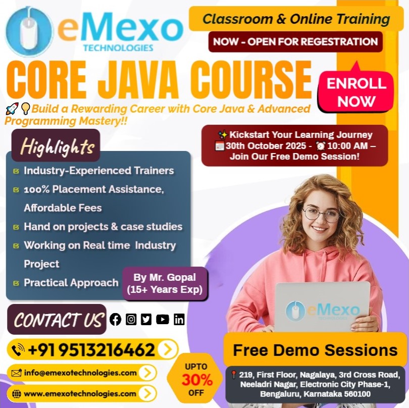 eMexoTechSEO's tweet image. Best Core Java Training in Electronic City, Bangalore☕ – eMexo Technologies!
Calling All Future Java Developers! @everyone @highlight @followers
📞Call/WhatsApp: +91 9513216462
📧Email: info@emexotechnologies.com
🌐Course Details &amp; Enrollment: emexotechnologies.com/courses/java-c…
🔖#CoreJava