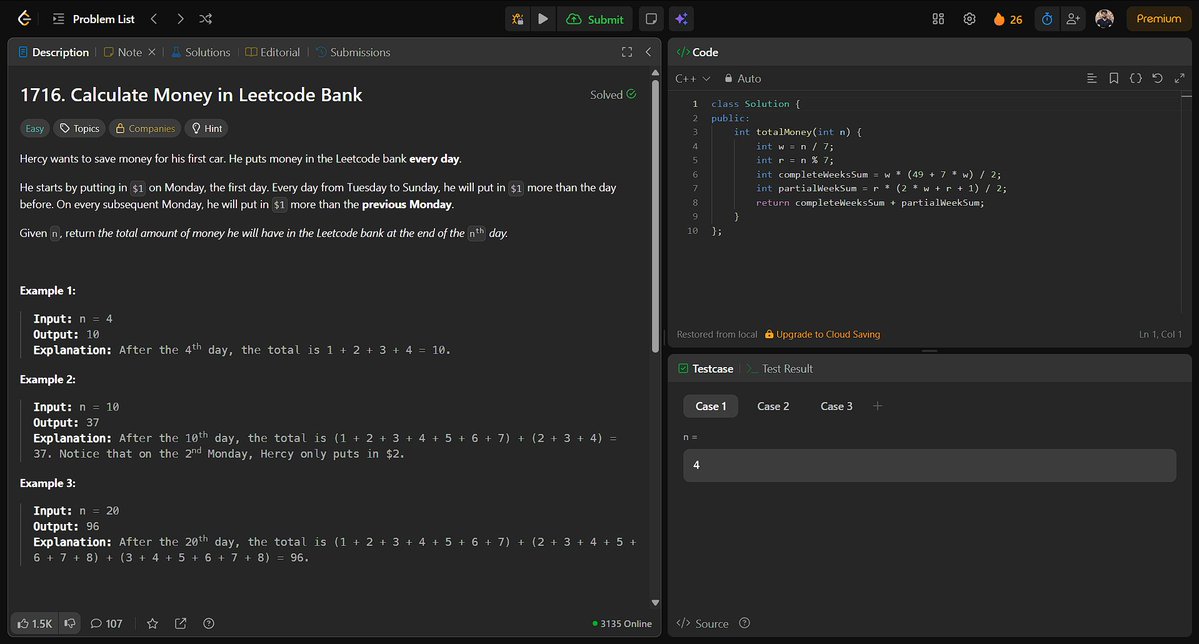 yudhveerp10's tweet image. Day 12 of #100DaysOfCode 💻#TUFwinterArc
Keeping up the grind with Striver’s Blind 75 Sheet 🔥
Solved today:
Reverse Bits
Counting Bits
Calculate Money in Leetcode Bank
Bit manipulation concepts getting clearer with every problem ⚡
#LeetCode #DSA #Coding #ProblemSolving