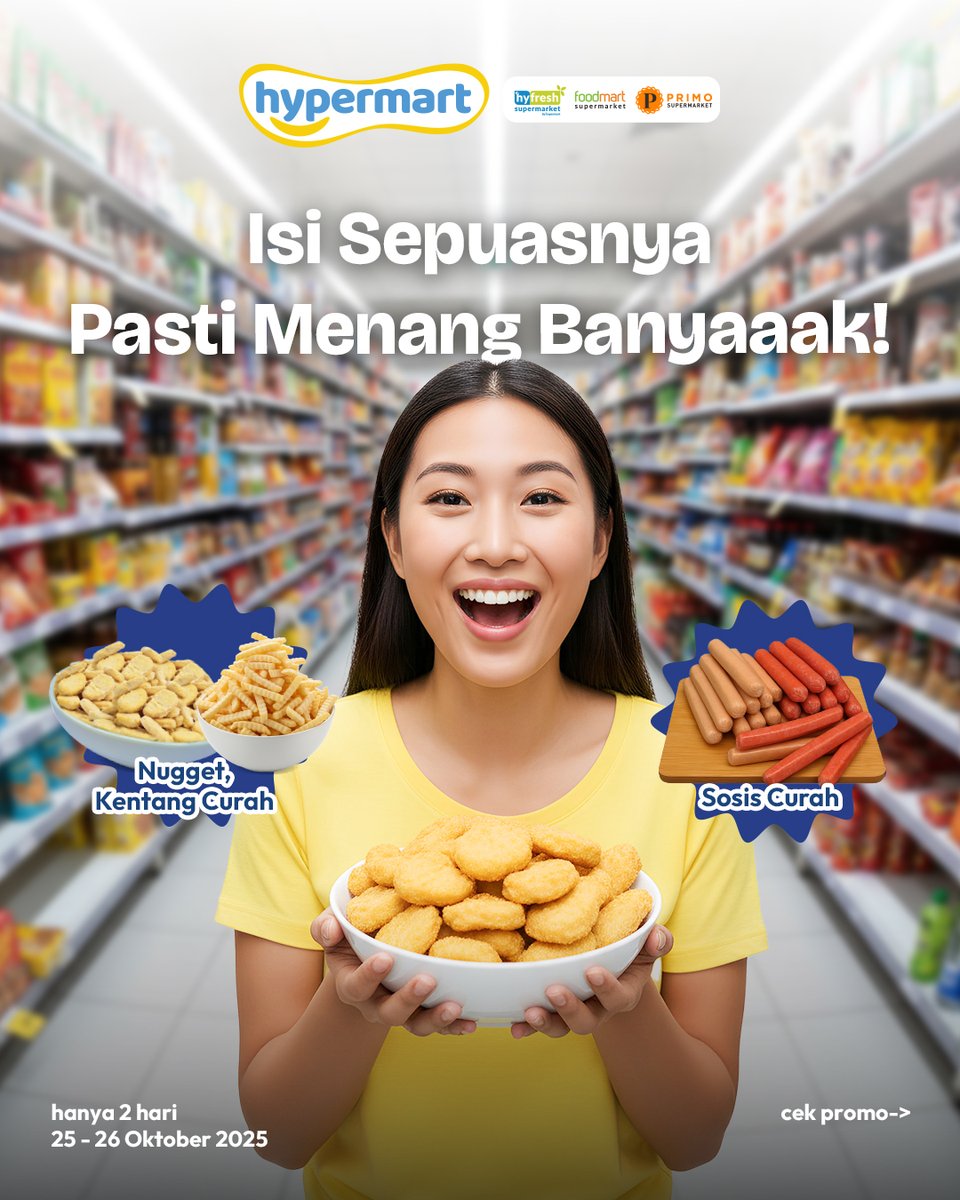 katalogpromosi's tweet image. 🍗 Isi sepuasnya, menangnya banyaaak!
Ambil Nugget, Kentang, &amp;amp; Sosis curah sesuka hati cuma di Hypermart 🎉

📅 25–26 Okt 2025 aja!
Cek lokasi &amp;amp; detail promonya di sini 👉 katalogpromosi.com/promo-hypermar…
#Hypermart #PromoWeekend #IsiSepuasnya