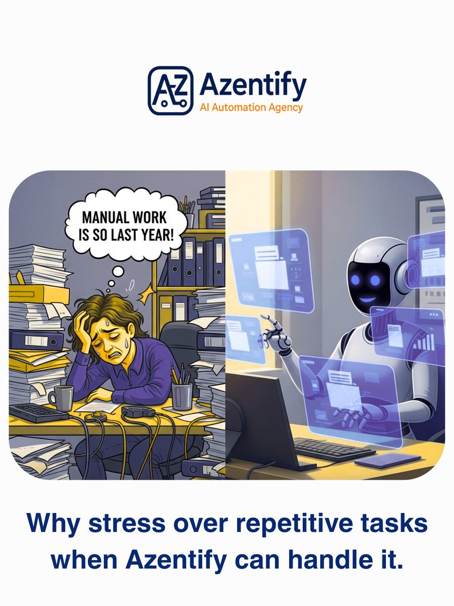 azentify_agency's tweet image. Manual work is outdated—AI’s the new smart.
 Work less, achieve more, and laugh along the way.

 #AutomationHumor #SmartWork #FunWithAI #Azentify #WorkSmarter #AIRevolution #DigitalWorkflow #EfficiencyBoost #BusinessAutomation #TechHumor