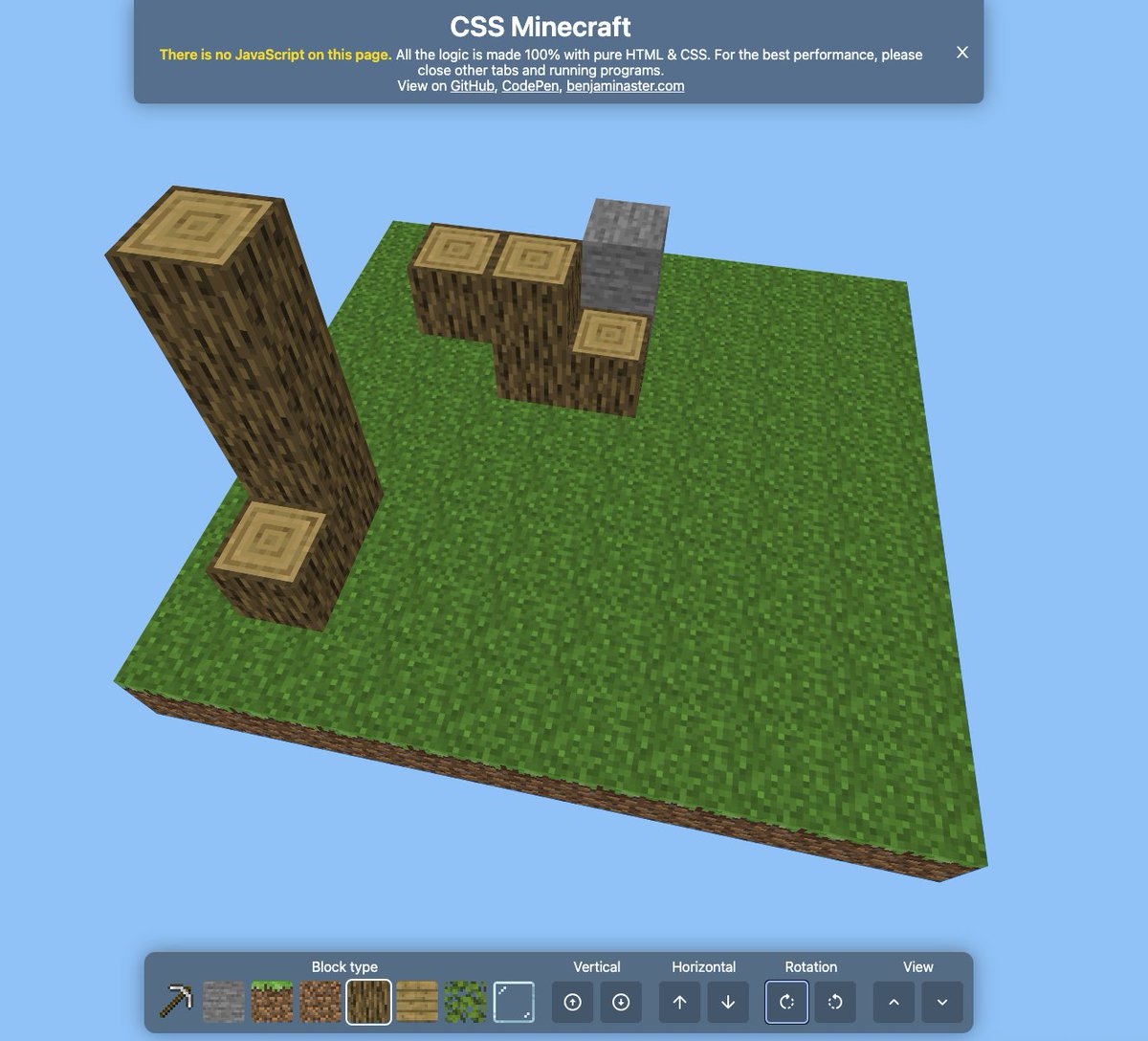 codersoar's tweet image. #有趣的网站 CSS Minecraft
这个确实厉害,完全由 CSS 实现的 Minecraft ,翻了下源码确实没有 script 😂
benjaminaster.github.io/CSS-Minecraft/