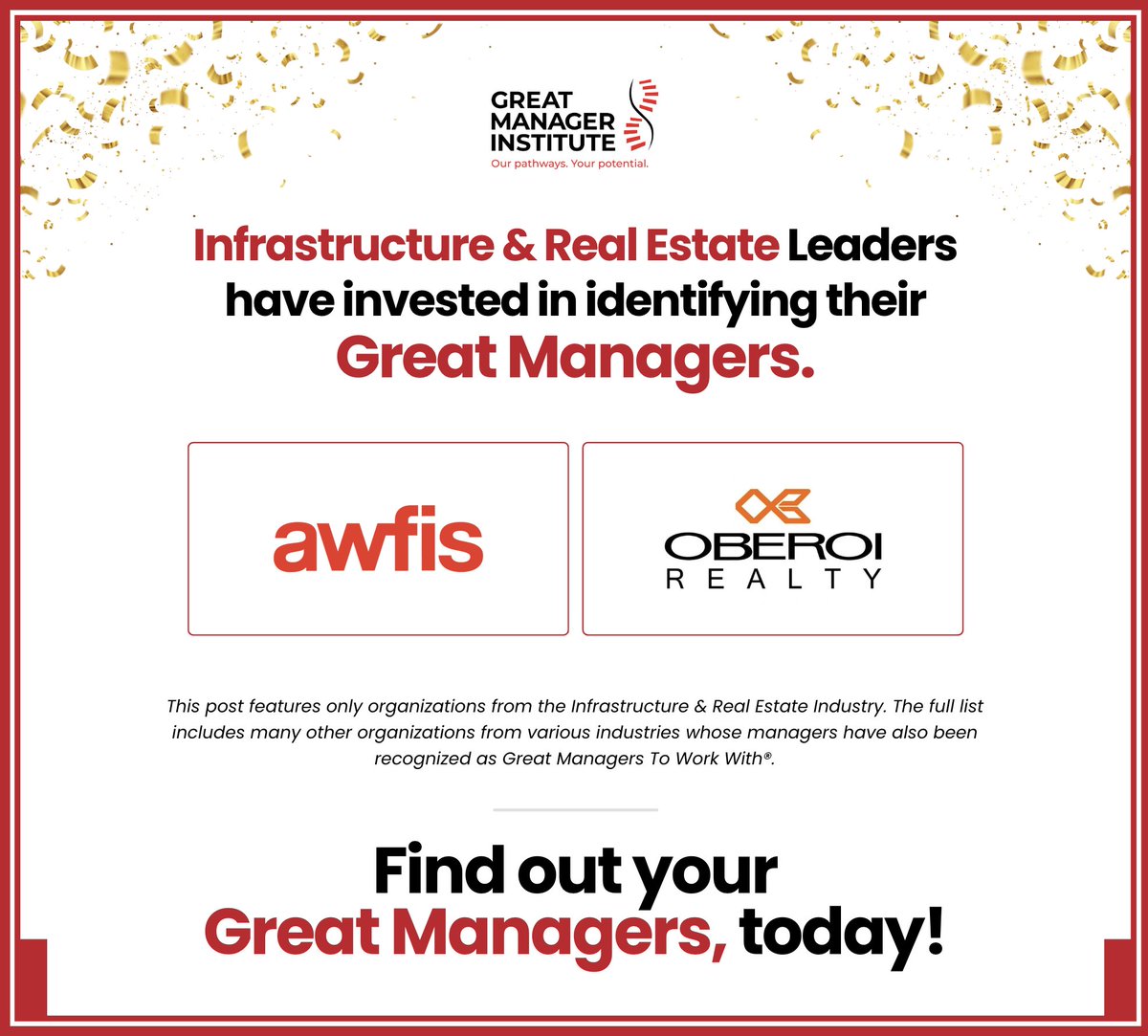 Celebrating Infrastructure &amp; Real Estate Leaders with Managers recognized as Great Managers To Work With®.

Kudos to these organizations.

<a href="/myawfis/">Awfis</a>, <a href="/oberoirealty/">Oberoi Realty</a>

#GMTW #Recognition