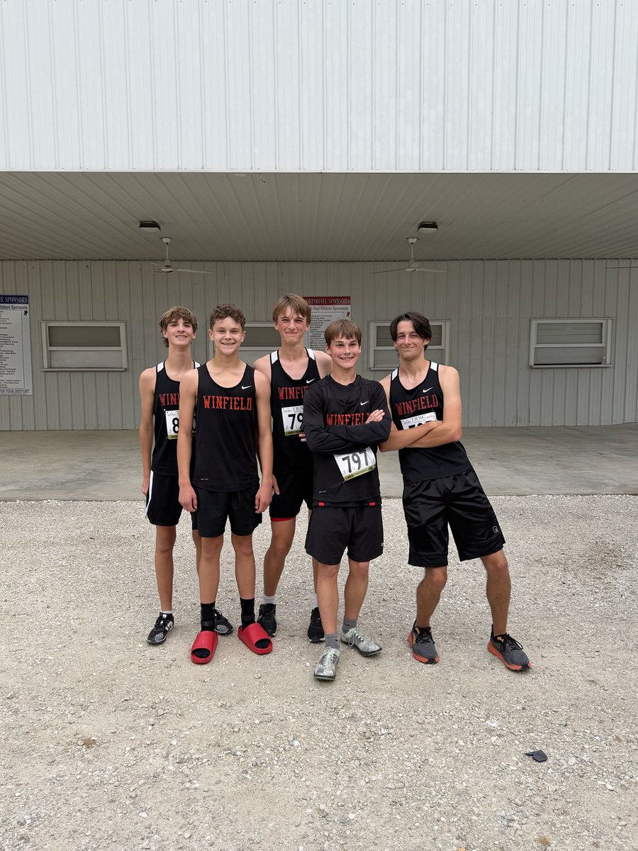 Great running day!!! 
-Evelyn Kerley placed 25th! 
-All of the boys running PR’d
-Three of those boys (Caleb, Marcus, and Nolen) finally got under a 20 min time! Leading them  to place 6th, 7th, and 9th for Winfield school records!!  #oWnit