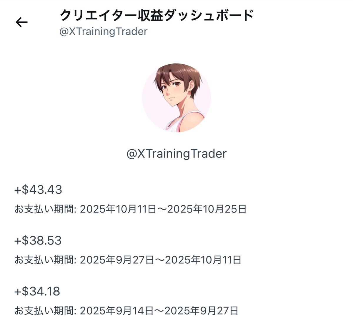 Xから収益頂きました！
皆さんいつもありがとうございます！

少しずつアップしてきています☺️✨

これからも、X運用の役にたつポストや楽しい雑談なのをしていこうと思います🚀🚀🚀

皆さん、雪だるま式に増やしていきましょうー！⛄️

よろしくお願いします！

#収益報告