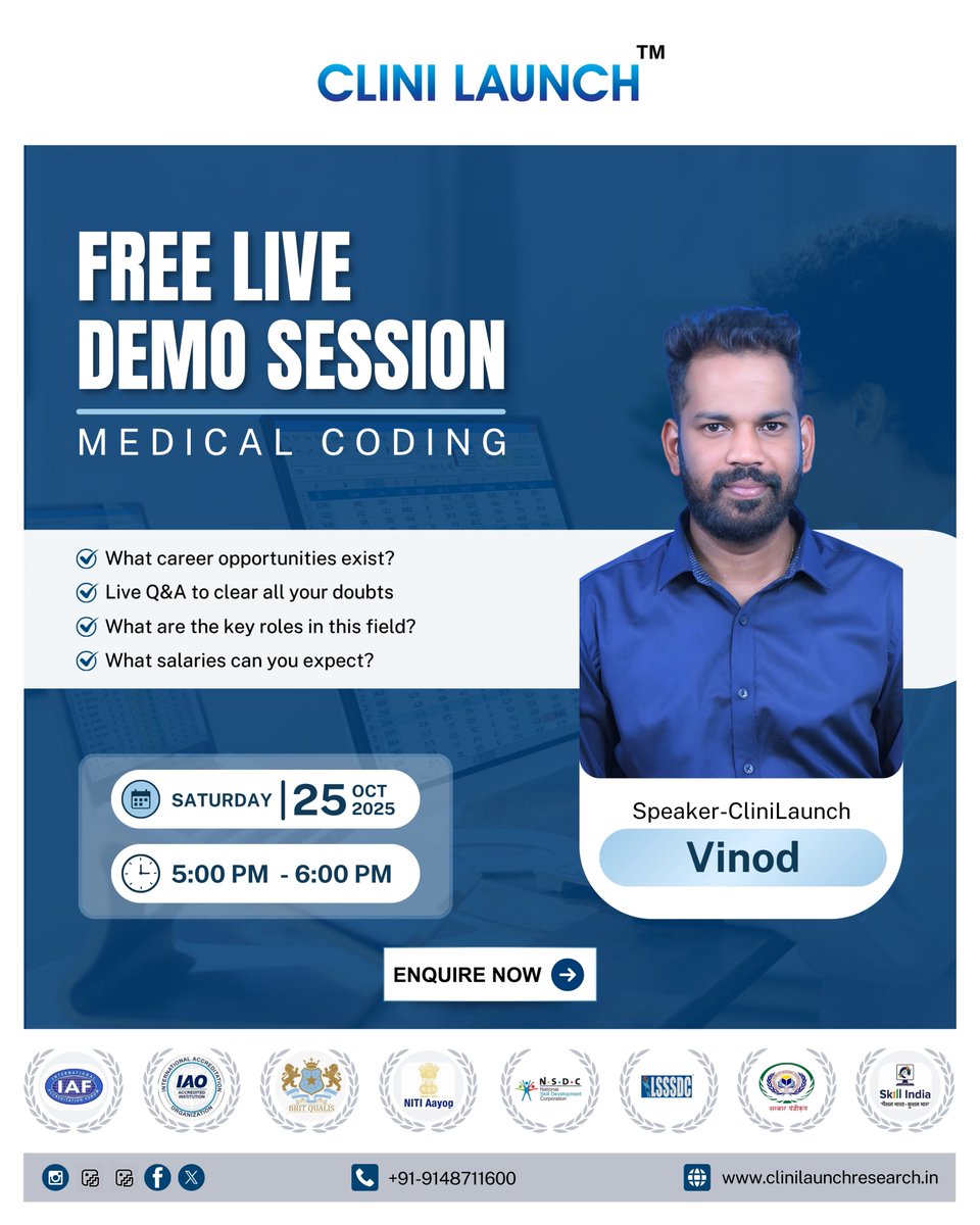 clinilaunch's tweet image. 🚀 Free Live Demo: Medical Coding!

Join Vinod on 25th Oct | 5-6 PM to explore career paths, key roles &amp;amp; salaries in healthcare.
📞 +91 91487 11600 | 🌐 clinilaunchresearch.in

#CliniLaunch #MedicalCoding #HealthcareCareers #Upskill #FreeDemo #CareerGrowth