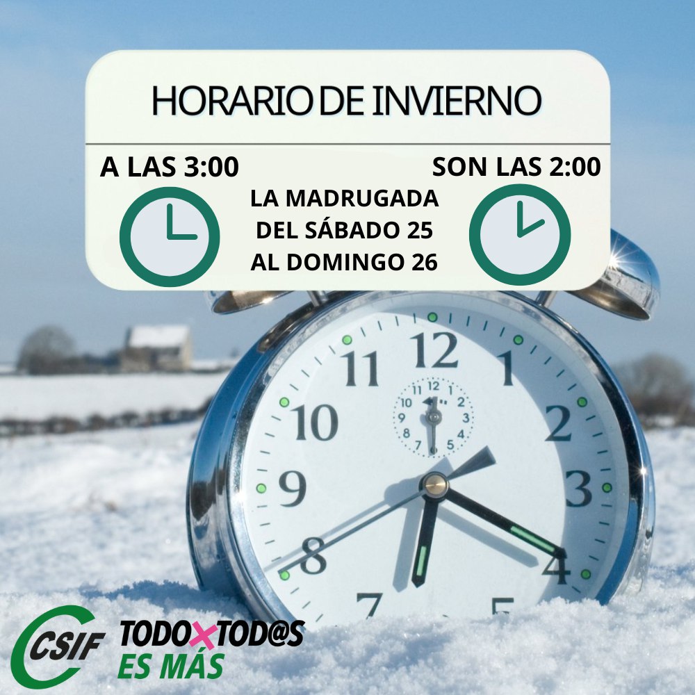 CSIFCantabria's tweet image. ⏰No olvides que este fin de semana llega el horario de invierno. Toca  cambiar la hora y tenemos ¡una hora más para dormir!
La madrugada del sábado 25 al domingo 26 de octubre, a las 3:00 serán las 2:00.
Los que trabajan en turno de noche o guardia, ¡fuerza! ☕
@CSIFnacional