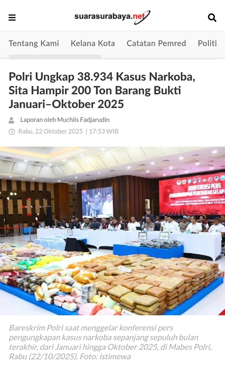 arfinasma97's tweet photo. Kepolisian Negara Republik Indonesia (Polri) menyita 197,71 ton barang bukti (barbuk) narkoba pada periode Januari-Oktober 2025. Jutaan anak muda terselamatkan dari jeraran narkoba. #TotalitasTegakkanHukum Berantas Tindak Kejahatan https://t.co/B5XB6bRrEF