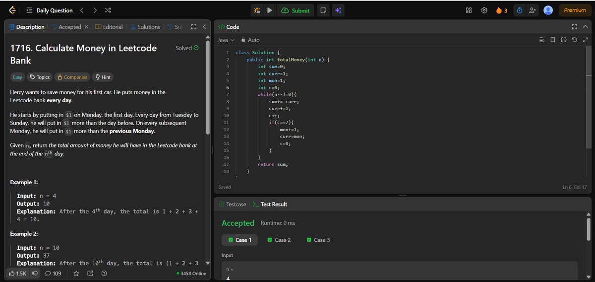 nikhilshaw575's tweet image. Crushed the @LeetCode  Daily Challenge! 🎉 Solved 'Calculate Money in @LeetCode  Bank' (Problem #1716) with a 3-day streak! 💰 #LeetCode #CodingChallenge #100DaysOfCode #Programming