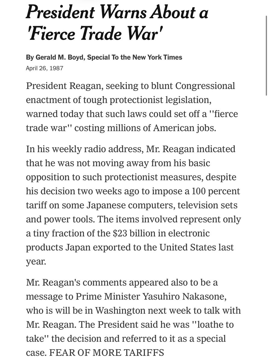 RobertMackey's tweet image. Of course it is easy to prove Reagan said what's shown in the Canadian ad, and it is not AI, as Trump claims — it was reported in his local paper at the time👇 — but what matters is that the president of the United States refuses to engage in good faith in any argument