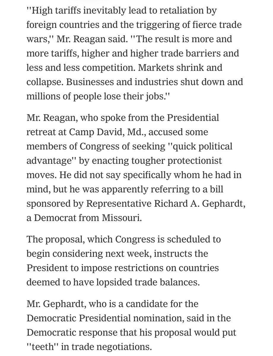 RobertMackey's tweet image. Of course it is easy to prove Reagan said what's shown in the Canadian ad, and it is not AI, as Trump claims — it was reported in his local paper at the time👇 — but what matters is that the president of the United States refuses to engage in good faith in any argument