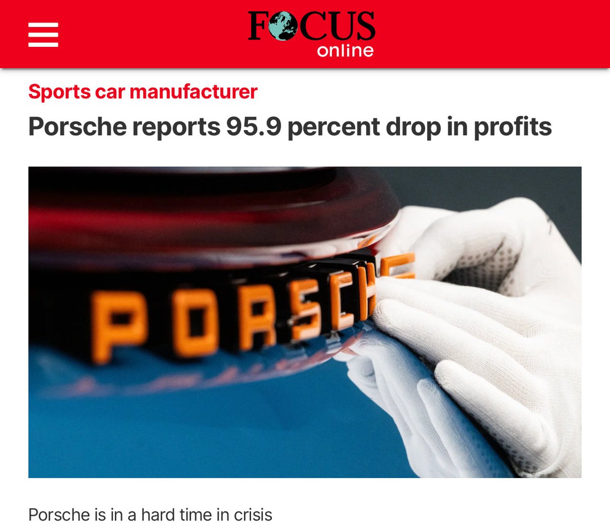 Porsche reports 95.9 percent drop in profits
<a href="/Porsche/">Porsche</a> #EVs #Germany