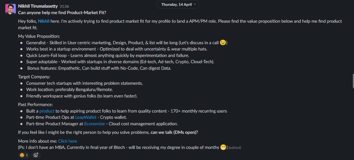 thinkwithnikhil's tweet image. community post that got my first full time product role