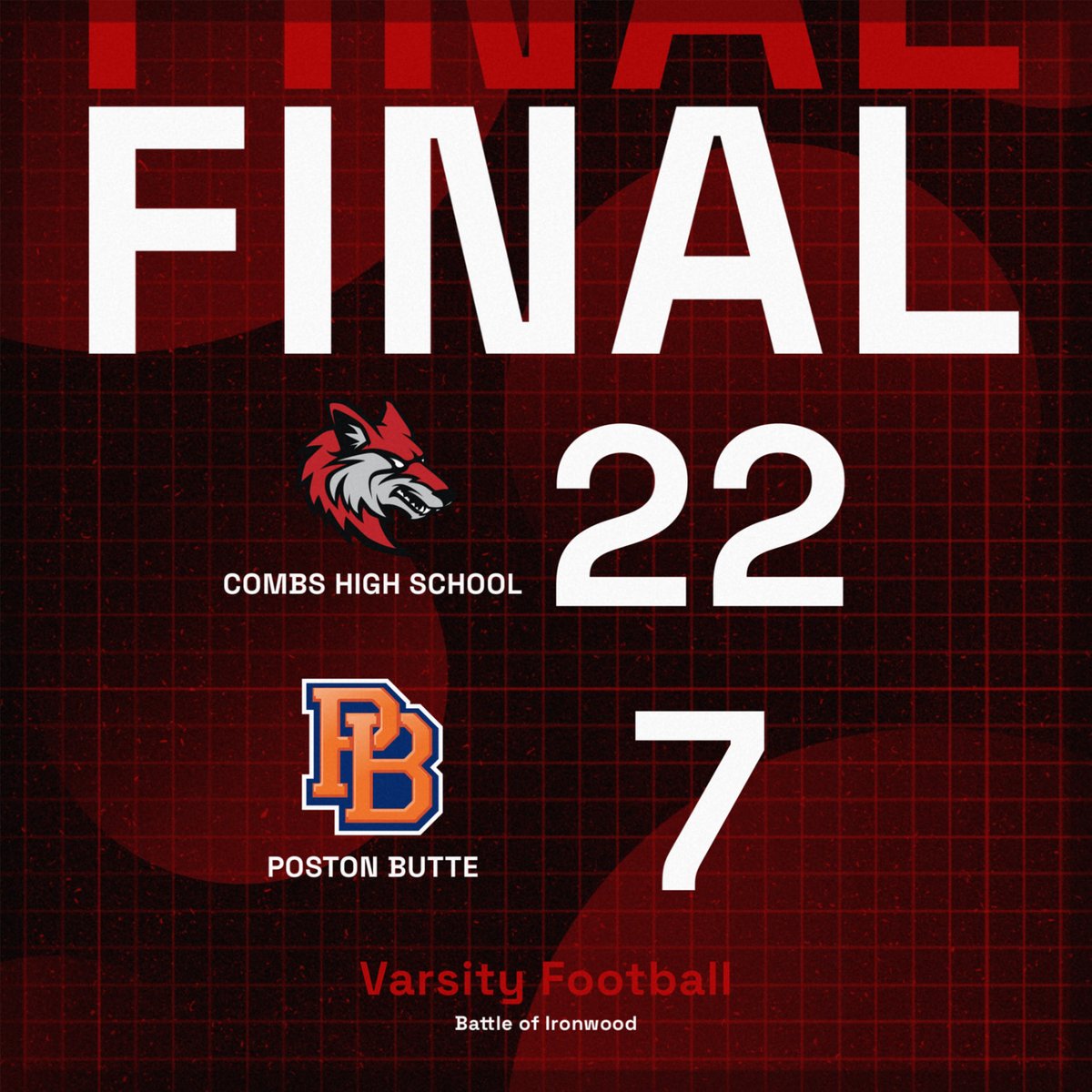 CombsFTBL's tweet photo. Battle of Ironwood goes to the ‘Yotes! Your final from Combs!! #BattleOfIronwood #CombsHighSchool #ALLin #fridaynightlights #CoyotePride https://t.co/5b9Pg9Padd