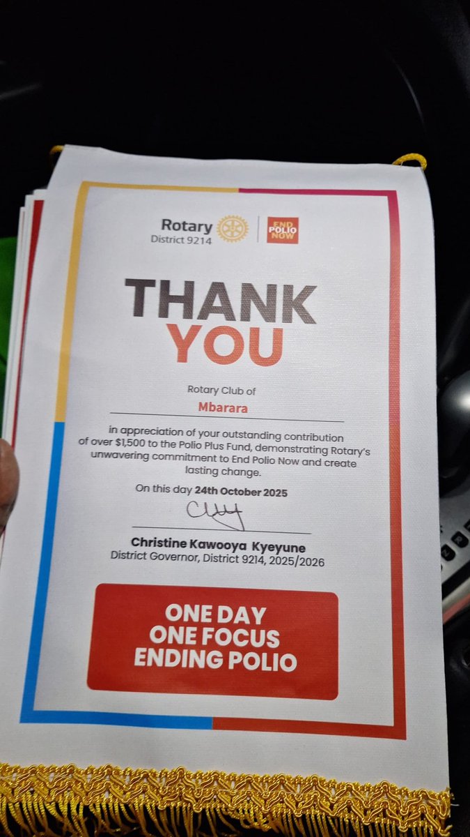 RotaryMbarara's tweet photo. HUGE congratulations to us.

On Oct 24th, 2025, DG @KyeyuneKawooya honored our $1,500+ contribution to the Polio Plus Fund.

 Let’s unite for ONE DAY. ONE FOCUS. ENDING POLIO. #EndPolioNow #RotaryInternational 
#PolioPlus 
#LastingChange https://t.co/pE5aWG7DsH