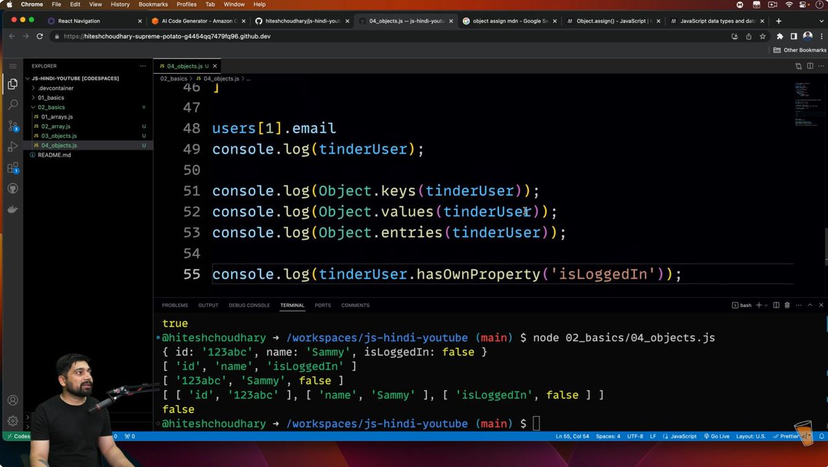 codeXninjaDev's tweet image. Day 16 of #JavaScriptChallenge by @ChaiCodeHQ @Hiteshdotcom 
Learned object merging using Object.assign(target, source), nested object access, Object.keys/values/entries & hasOwnProperty. Object handling feels much clearer now 💻🔥
#MasterJiChallenge