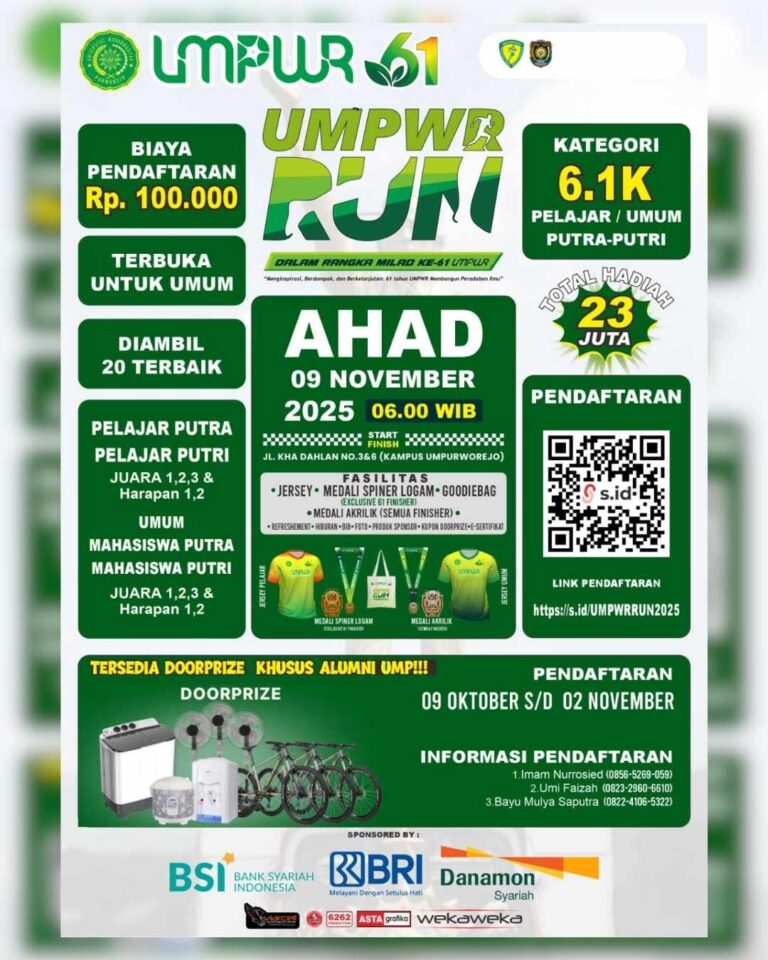 👟UMPWR Run 2025 
🗓️Minggu, 9 November 2025 
🏃‍♂️6.1K
🏠Universitas Muhammadiyah Purworejo (UMP), Jl. KHA Dahlan No.3, Purworejo, Jawa Tengah 

#JadwalLari #KalenderLari #InfoLari #EventLariPurworejo #UMPWRRun2025