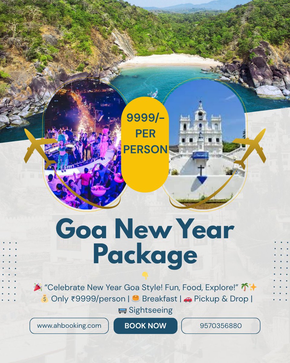 AhBookingGoa's tweet photo. π Celebrate New Year 2025 in Goa! π΄
Only βΉ9999/- per person π
π³ Breakfast | π Airport Pickup & Drop | π 2 Days Sightseeing
Party, chill & create lifetime memories! ππΉ
#AHBooking #AHBookingGoa #AHBookingFromNow #GoaVibes #TravelWithAHBooking https://t.co/QaqumS0OBz