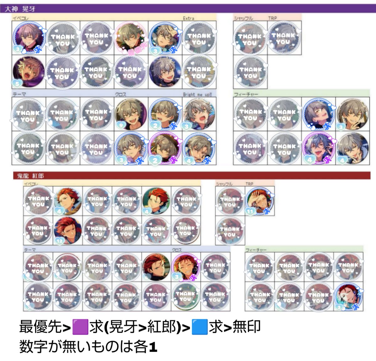 「交換・譲渡」あんスタ コレクション缶バッジ Oct
c1,i2box予約予定
譲:忍宙嵐泉颯馬ライカ茨北斗凛月千秋維吹レオ藍良画像の過去弾

求:同種i晃牙,画像の異種&gt;c晃牙2
定価+送料
↓