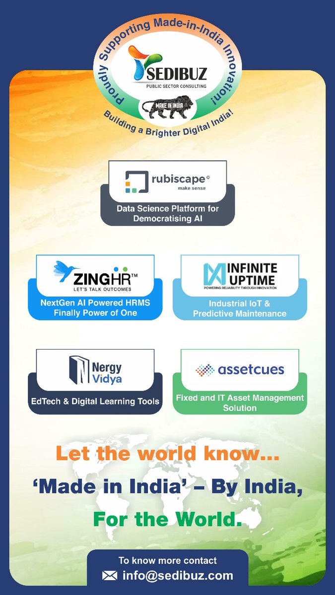 Proudly supporting Made-in-India🇮🇳 innovation and building a Brighter Digital India! 

From AI to next-gen HRMS, IoT, EdTech, Asset Management and more.. These solutions are powering the future. 
By India, For the World 🌎 A Commitment Supported by
#MadeInIndia #DigitalIndia