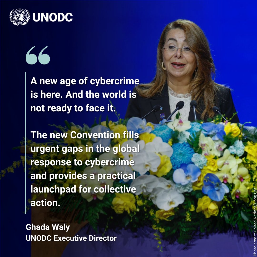 UN Office on Drugs & Crime (@unodc) on Twitter photo At today’s signing ceremony in Hanoi, UNODC Executive Director <a href="/GhadaFathiWaly/">Ghada Fathi Waly</a> underscored the historic significance of the new UN Cybercrime Convention as a major step towards a safer, more united digital future that strengthens global cooperation against cybercrime. At today’s signing ceremony in Hanoi, UNODC Executive Director <a href="/GhadaFathiWaly/">Ghada Fathi Waly</a> underscored the historic significance of the new UN Cybercrime Convention as a major step towards a safer, more united digital future that strengthens global cooperation against cybercrime.