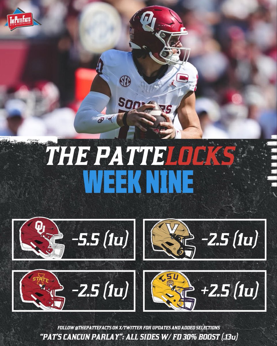 The PatteLocks Week Nine 💰

Oklahoma -5.5 (1u)
Vanderbilt-2.5 (1u)
Iowa State -2.5 (1u)
LSU +2.5 (1u)

Post notifications ON for additional selections 👀

❤️ if tailing 

#collegefootball #cfb #cfb25 #cfb26