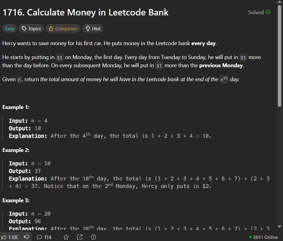 janisuppi's tweet image. Calculate Money in #LeetCode  Bank

recur it