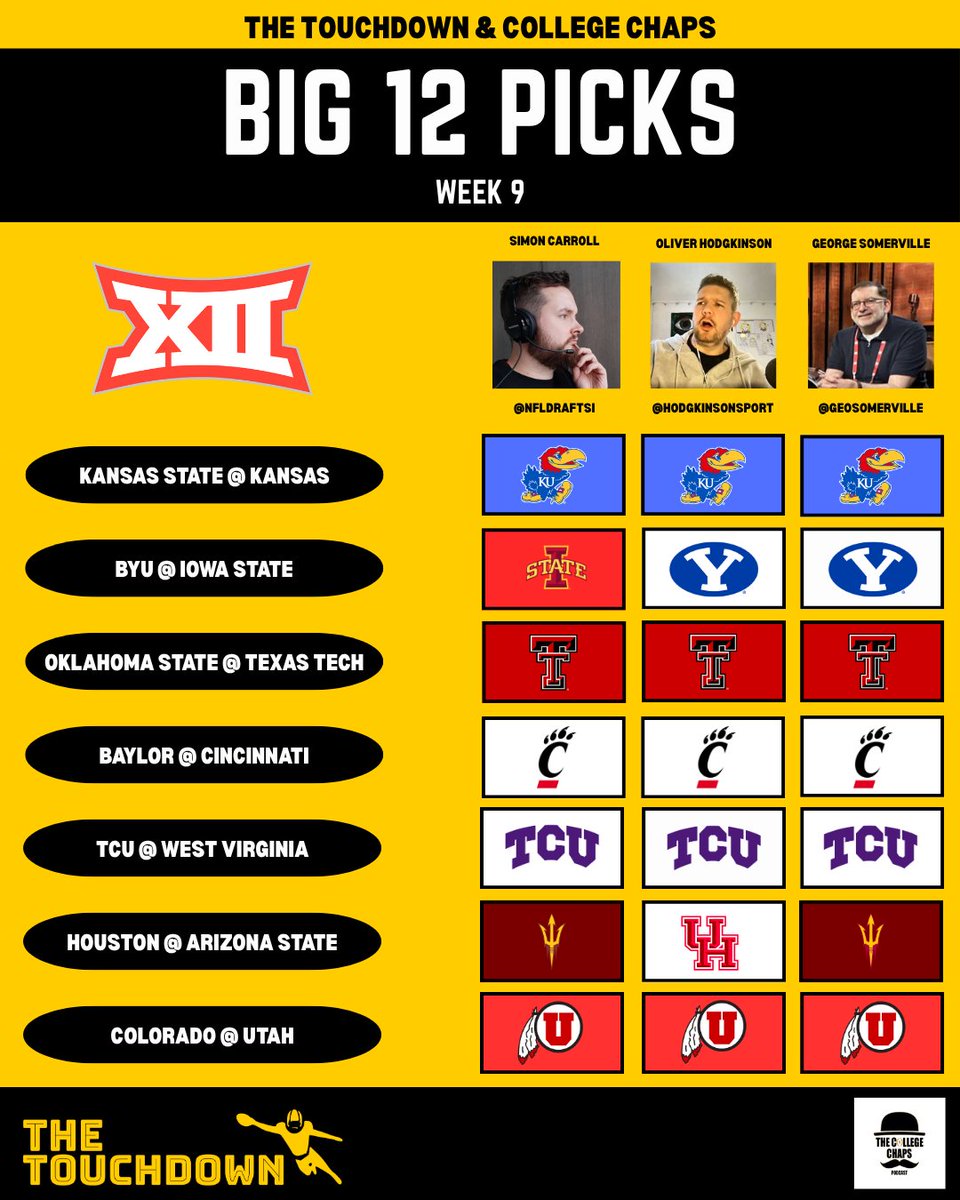 TheTouchdownNFL's tweet photo. Week 9 Big 12 Picks - Union Jack Classic Style!

Laying the groundwork for KU's visit to London in 2026. Can Brian, Rob &amp; Sam outwit the Touchdown &amp; College Chaps with their Big 12 picks ahead of the Sunflower Showdown?

Get your UJC tickets today!👇
https://t.co/YCVVRN1Efc https://t.co/NLznheyP0x