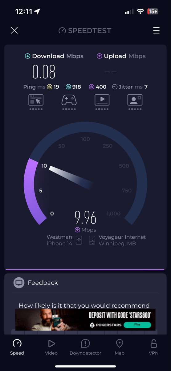 Virobot1's tweet photo. The blazing 800mbps package from @WestmanCom wow so fast this evening. I’m 1 meter away from the router on my phone btw. 🤣 been between 0.07 and 10.0 mbps all evening on the 800mbps plan. We’ve gotta start calling this garbage out. https://t.co/OHSX6cJtLt