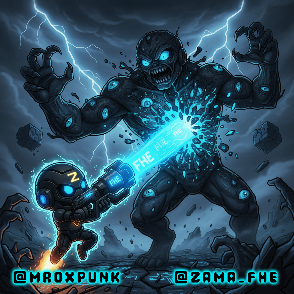 roxpunks's tweet photo. Okay, let's set the scene: In the on-chain world, our data is constantly under attack by the "Eyes & Hands" Monster.

👁️ Eyes want to watch and reveal everything that should be private. ✋ Hands want to manipulate and centralize what should be decentralized.

This is a battle only FHE can win. Enter: the Zama Chibi Robot with its ultimate weapon. 👇

@zama_fhe #ZamaCreatorProgram