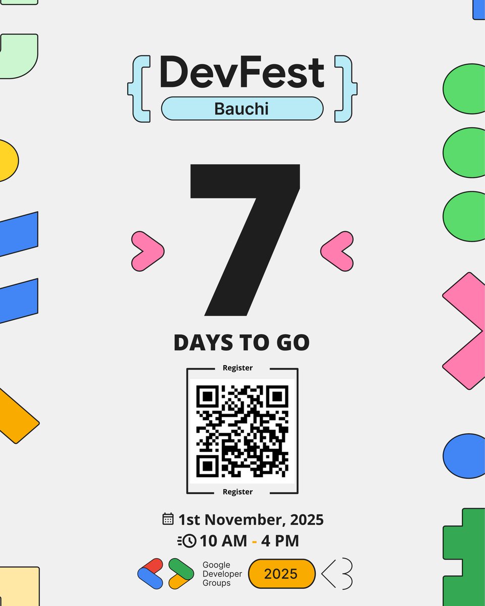 ONE WEEK! 🗓️ Just 7 days left until #DevFestBauchi 2025!

This is your official one-week warning. The hype is real, and tickets are moving! Have you got yours?

🎟️ Secure your ticket now: evgd.me/dz0reu7j

#DevFest #Bauchi #GDG #DevFest2025 #GoogleDevelopers
