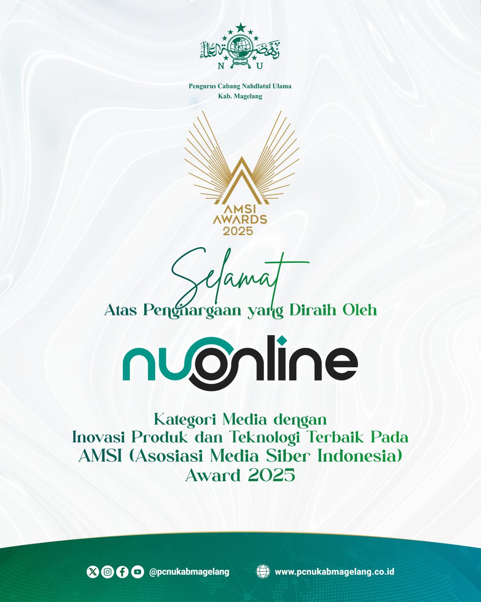 Selamat atas penghargaan yang diterima oleh <a href="/nu_online/">NU Online</a> pada AMSI Award 2025 kategori Media dengan Inovasi Produk dan Teknologi (Product and Tech) Terbaik

<a href="/AMSI_ID/">Asosiasi Media Siber Indonesia</a>

#pcnukabmagelang 
#nahdlatululama 
#nuonline