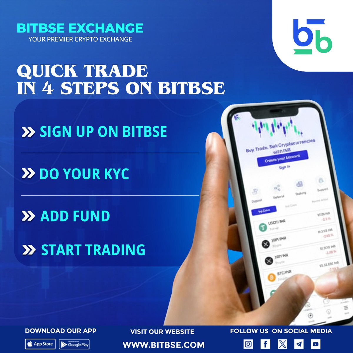 bitbse's tweet image. 🚀 Trade crypto the smart way!
Just 4 easy steps to start your journey with Bitbse Exchange – Sign Up, Complete KYC, Add Funds &amp;amp; Start Trading instantly. 💰📲
.
#BitbseExchange #CryptoTrading 
.
Disclaimer: Nothing on this page is financial advice, please do your own research!