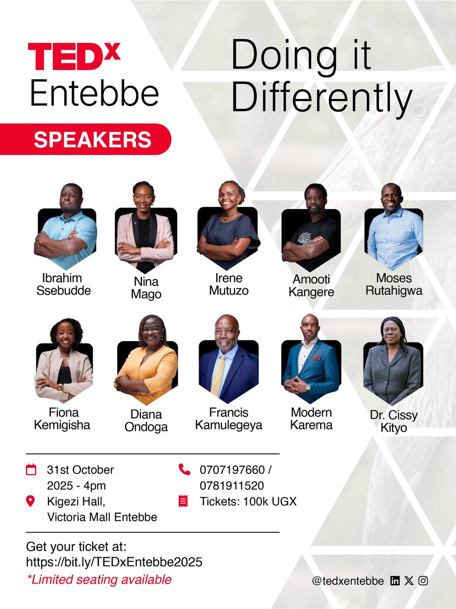 One stage. Many voices. 
I'm honoured to be one of them.

Please join us for <a href="/TEDxEntebbe/">TEDxEntebbe</a> 2025

🗓Date: Friday, 31st October 
🕓Time: 4:00 PM 
🏟Venue: Kigezi Hall, Victoria Mall Entebbe

Get your ticket: lnkd.in/dF7m_Zaw

#TEDxEntebbe2025. #DoingThingsDifferently