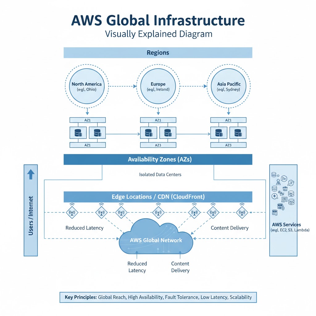 e_opore's tweet image. AWS Global Infrastructure

Introduction

→ AWS operates a massive global cloud infrastructure designed to deliver high availability, scalability, and low latency to users worldwide.
→ The infrastructure is organized into Regions, Availability Zones (AZs), and Edge Locations.
→…