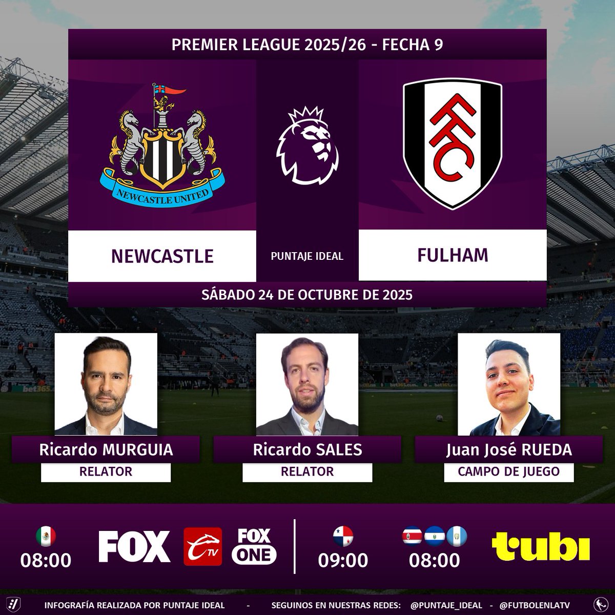 Puntaje_Ideal's tweet photo. ⚽ #PremierLeague 🏴󠁧󠁢󠁥󠁮󠁧󠁿 | #Newcastle vs. #Fulham 
🎙 Relatores: @RICARDOMURGUIA - @RicardoSalesE
🎙 Campo de juego: @JuanJRueda
📺 @somos_FOX 🇲🇽
💻📱 #CalienteTV y #FoxOne 🇲🇽 - @tubi_mx Centroamérica
🤳 #FOXestaCaliente - #NEWFUL  
Dale RT 🔃 https://t.co/bNNfwXKDnd